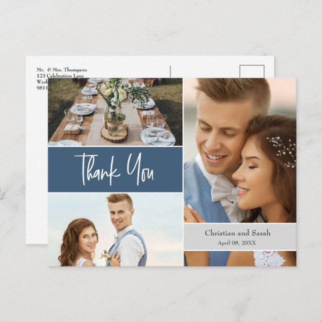 Modern Blue Wedding Photo collage Thank you Postcard (Front/Back)