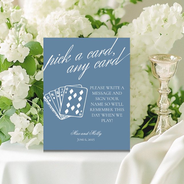 Modern Blue Wedding Playing Cards Pedestal Sign (Add a fun touch to your wedding or event with this modern serif playing cards guest book sign.)