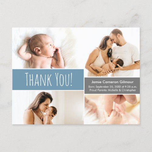 Modern Blue Welcome Home Baby boy Photo Collage Announcement Postcard