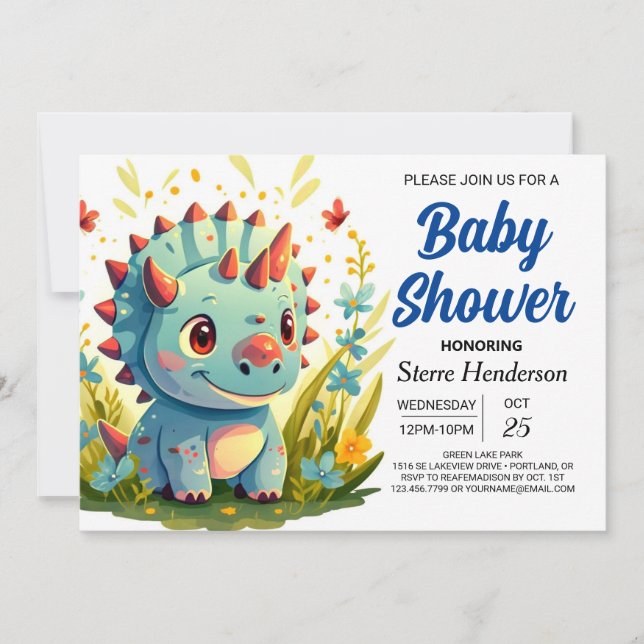 Modern Blue Whimsical Dinosaur Boy Baby Shower Invitation (Front)