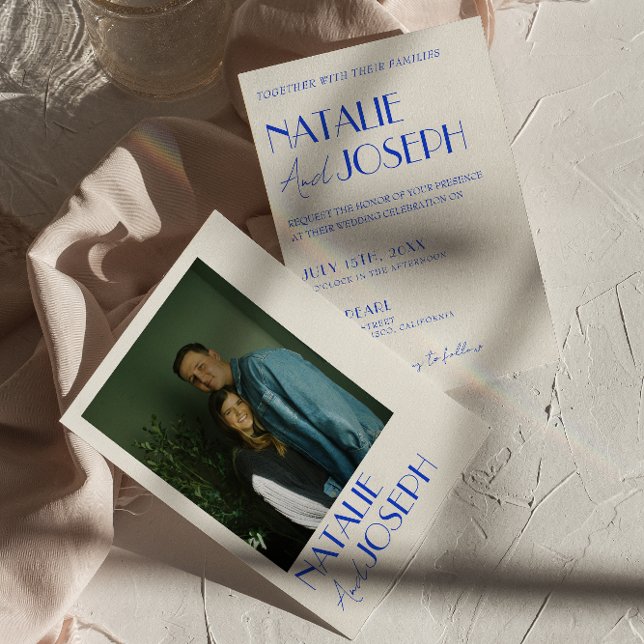 Modern Blue Whimsical French Retro Photo Wedding Invitation (Creator Uploaded)