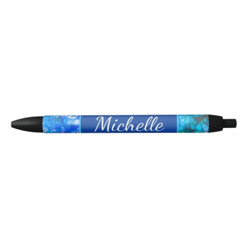 Modern Blue White Abstract Watercolor Flowers Black Ink Pen