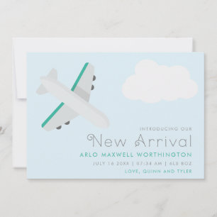 Modern Blue & White Airplane Baby Boy Birth Announcement