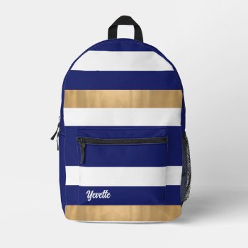 Modern Blue White And Gold Bold Striped Printed Backpack by DizzyDebbie at Zazzle