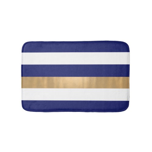 Modern Blue White and Gold Striped Bath Mat