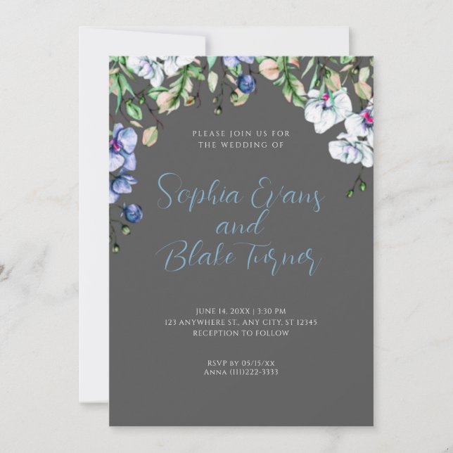 Modern Blue, White and Gray Floral Green Wedding Invitation (Front)