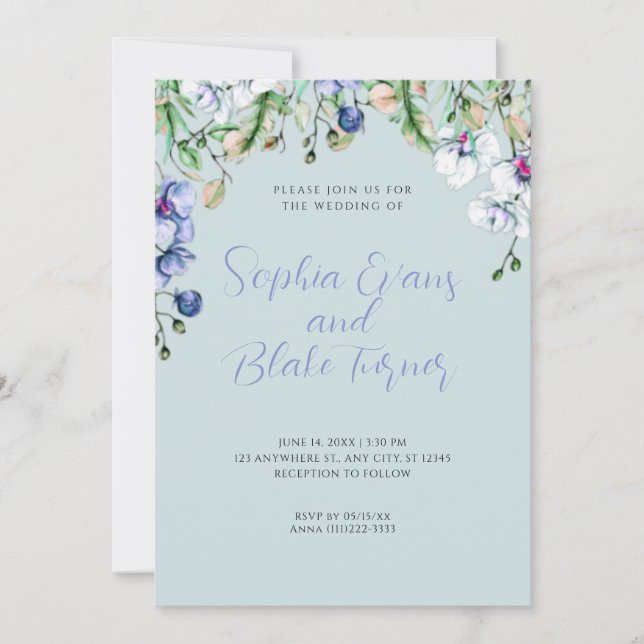 Modern Blue, White and Green Floral Blue Wedding Invitation (Front)
