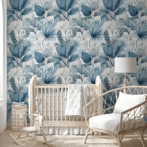 Modern Blue White Botanical Peel and Stick Wallpaper