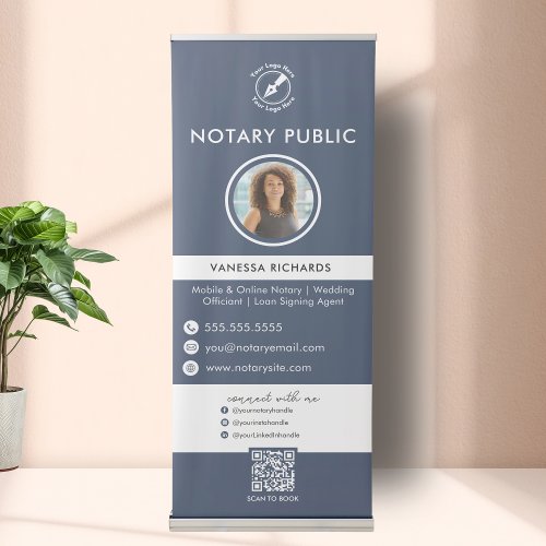 Modern Blue White Business QR Code Notary Event Retractable Banner