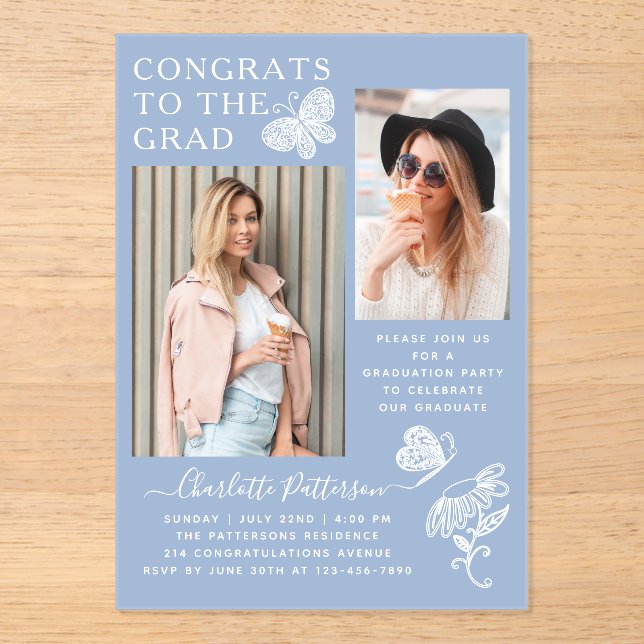 Modern Blue White Butterfly Photo Graduation Party Acrylic Invitations (Front)