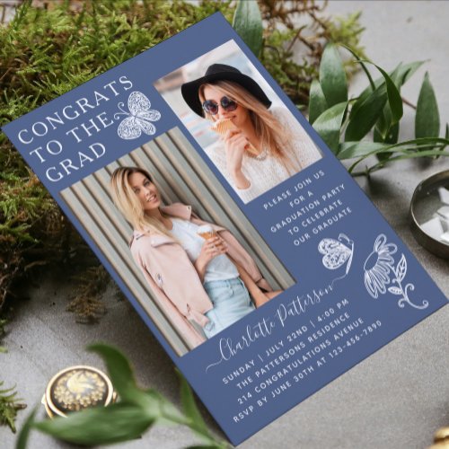 Modern Blue White Butterfly Photo Graduation Party Invitation