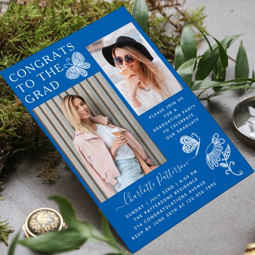 Modern Blue White Butterfly Photo Graduation Party Invitation