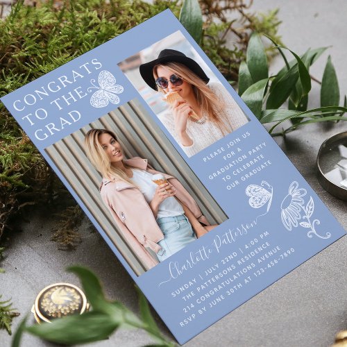 Modern Blue White Butterfly Photo Graduation Party Invitation