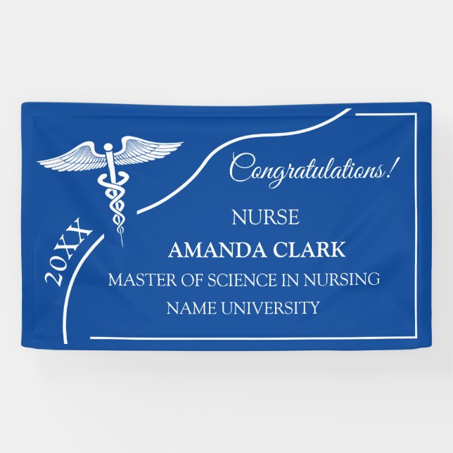 Modern Blue & White Caduceus Nurse Graduation Banner (Horizontal)