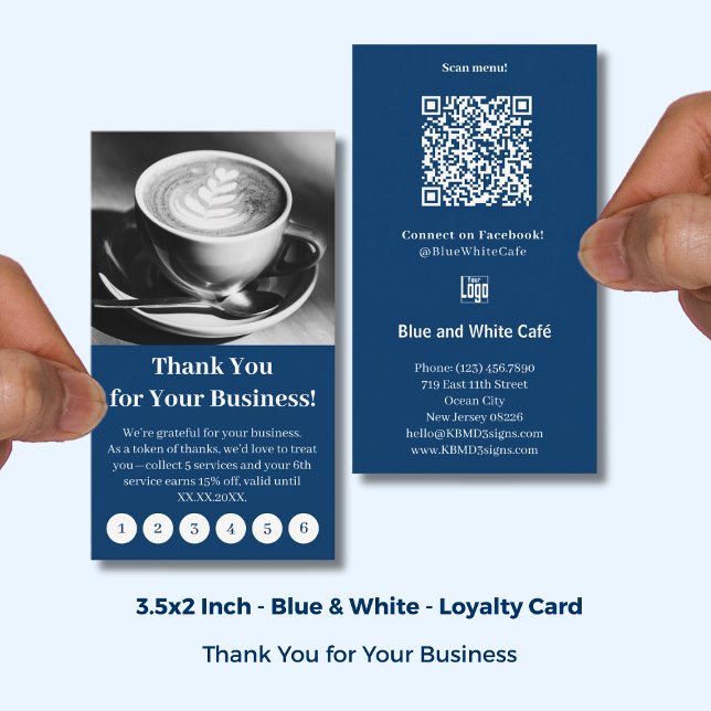 Modern Blue & White Cafe with Logo Thank You Punch Loyalty Card (Modern Blue & White Cafe with Logo Thank You Punch Loyalty Card; Size: 3.5x2 Inch, Portrait Format)
