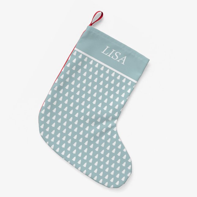 Modern Blue White Christmas Tree Pattern Name Small Christmas Stocking (Front (Hanging))