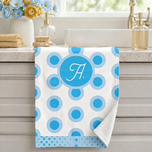 Modern Blue White Circle Ring Pattern Monogram Bath Towel Set