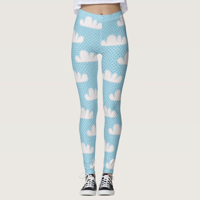 Modern Blue White Clouds Leggings (Front)