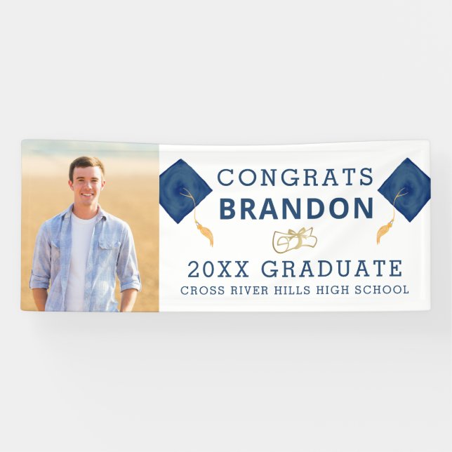 Modern Blue White CONGRATS GRADUATE Photo Banner (Horizontal)