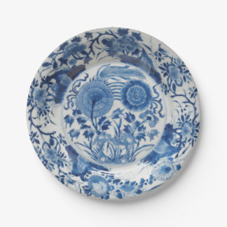 Modern blue white faux porcelain flow floral paper plates
