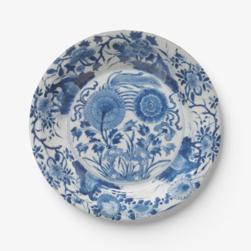 Modern blue white faux porcelain flow floral  paper plates