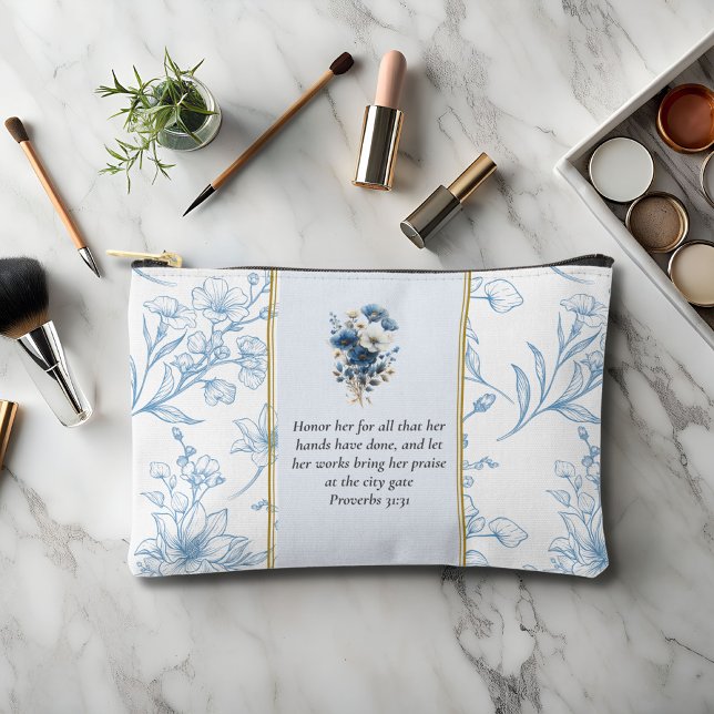Modern Blue White Floral Bible Verse Custom Name Accessory Pouch (Creator Uploaded)