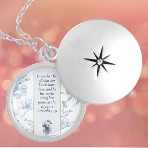 Modern Blue White Floral Bible Verse Locket Necklace