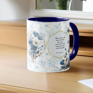 Modern Blue White Floral Bible Verse Mug