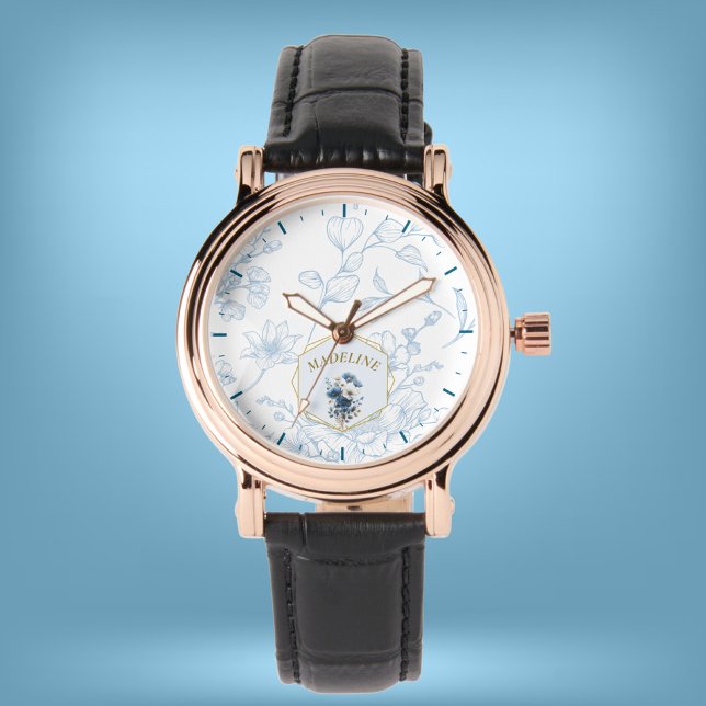 Modern Blue White Floral Custom Name Watch (Creator Uploaded)