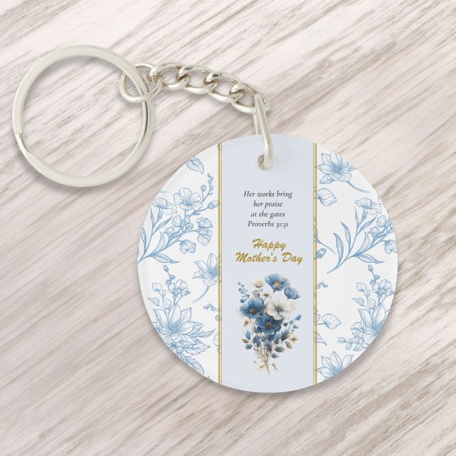 Modern Blue White Floral Happy Mothers Day Keychain (Creator Uploaded)