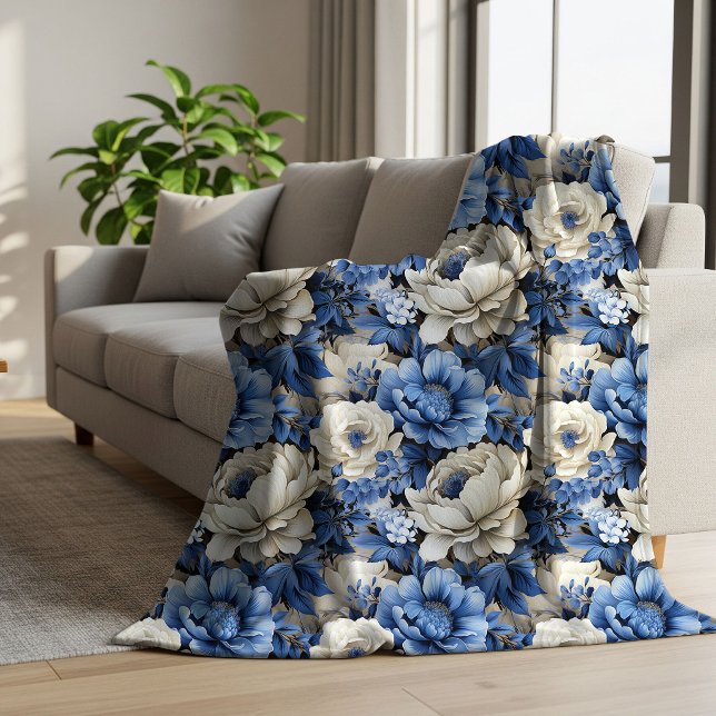 Modern Blue White Floral Ivory Cozy Throw Blanket (Modern Blue White Floral Ivory Cozy Throw Blanket)