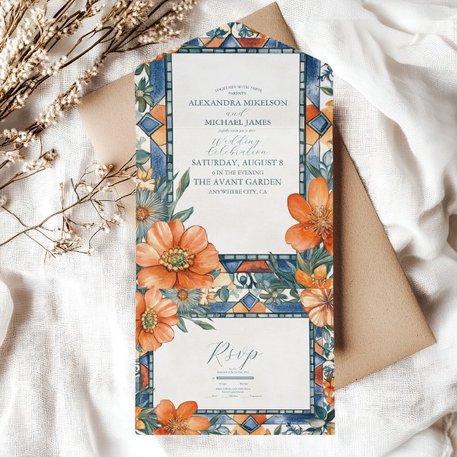 Modern Blue & White Floral Mediterranean Tiles All In One Invitation (Creator Uploaded)