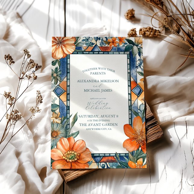 Modern Blue & White Floral Mediterranean Tiles Invitation (Creator Uploaded)