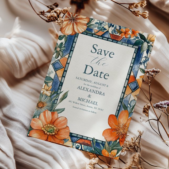 Modern Blue & White Floral Mediterranean Tiles Save The Date (Creator Uploaded)