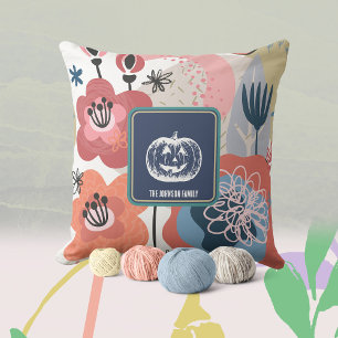 Modern Blue White Floral Pumpkin Throw Pillow