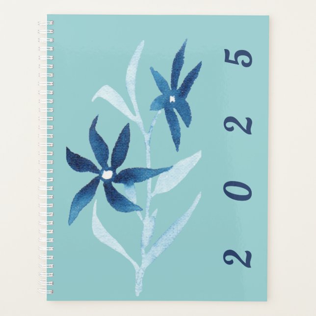 Modern Blue White Floral Watercolor Turquoise Planner (Front)