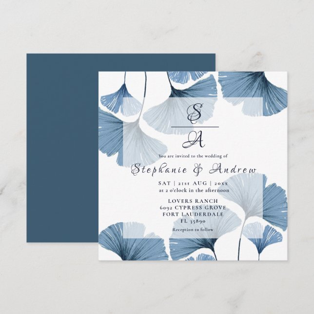 Modern Blue & White Foliage Wedding Invitation (Front/Back)