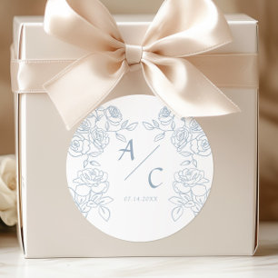 Modern Blue & White French Roses Wedding Classic Round Sticker