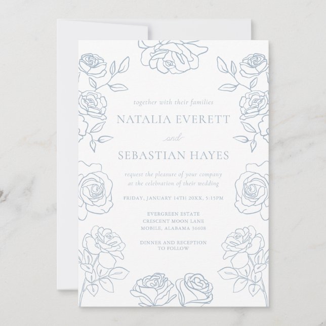 Modern Blue & White French Roses Wedding Invitation (Front)