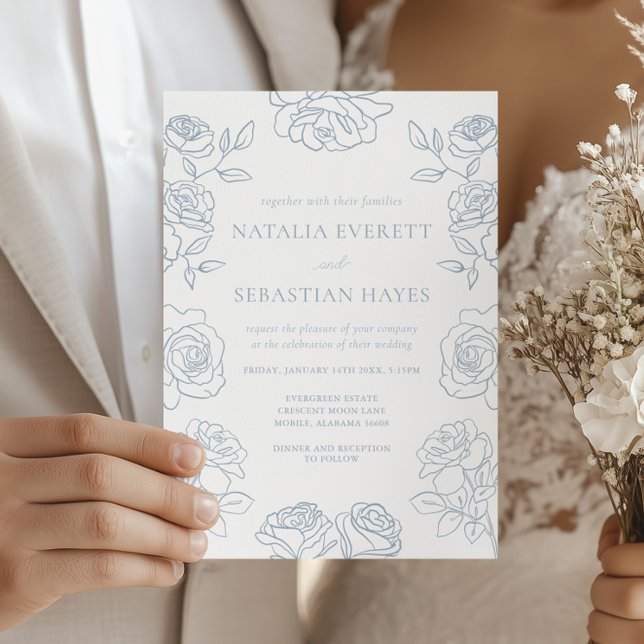 Modern Blue & White French Roses Wedding Invitation (Creator Uploaded)