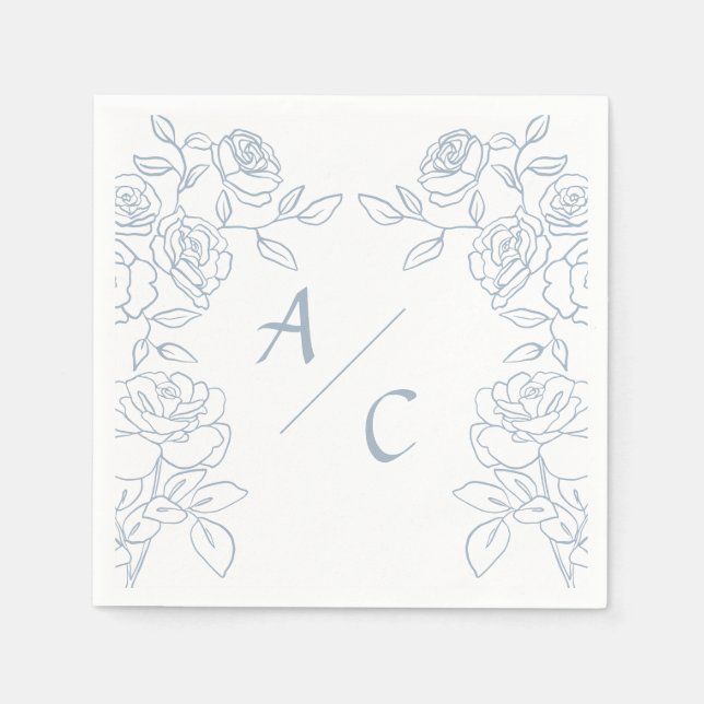 Modern Blue & White French Roses Wedding Napkins (Front)