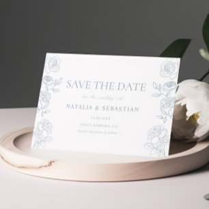 Modern Blue & White French Roses Wedding Save The Date