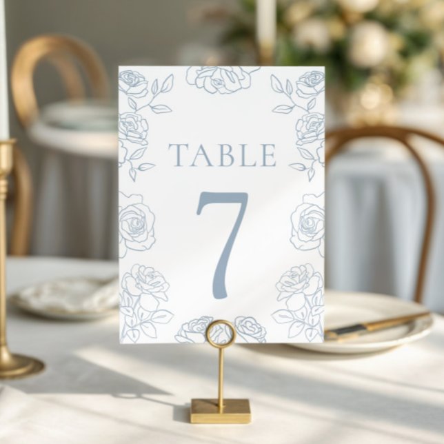 Modern Blue & White French Roses Wedding Table Number (Creator Uploaded)