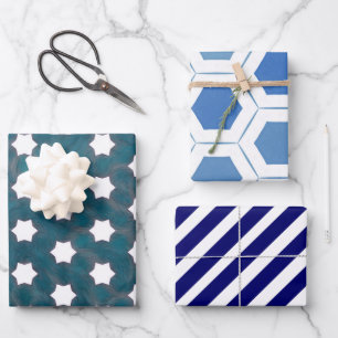 Modern Blue White Geometric Wrapping Paper Sheets
