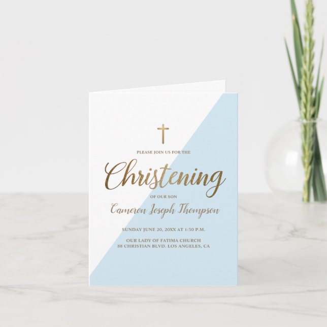 Modern Blue White Gold Christening baby Boy Invitation (Front)