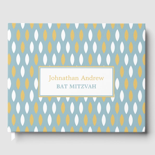 Modern Blue White & Gold Pattern Bar Mitzvah Guest Book (Front)