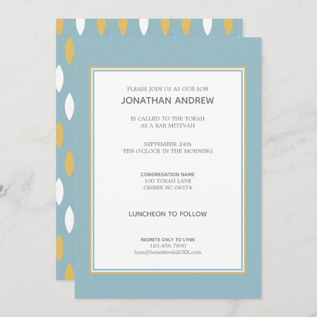 Modern Blue White & Gold Pattern Bar Mitzvah Invitation (Front/Back)
