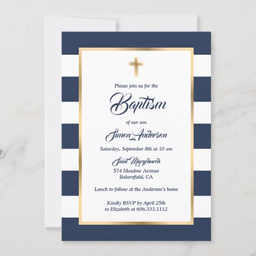 Modern Blue White Gold Stripe Boy Baptism Invitation