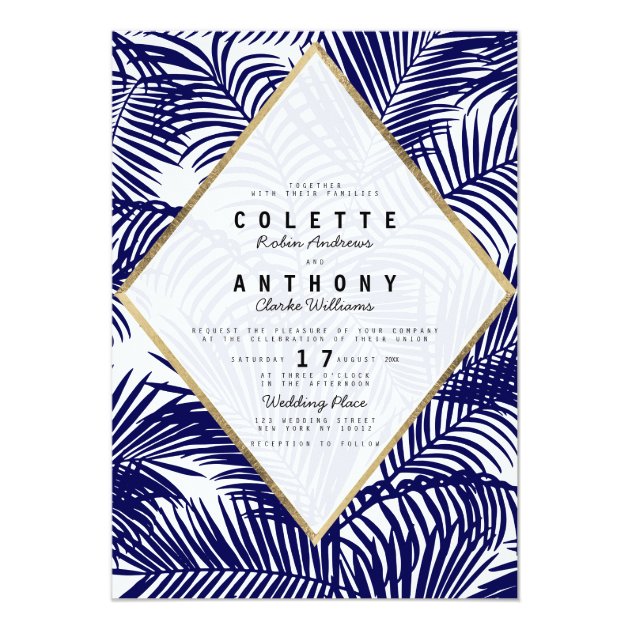 Modern Blue White Gold Tropical Floral Wedding Invitation