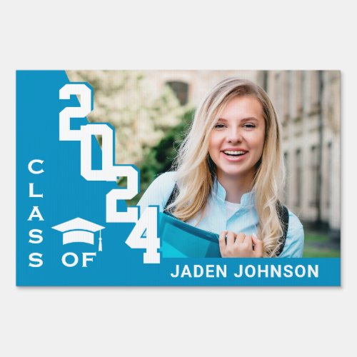 Modern Blue White Graduation Photo Yard Sign